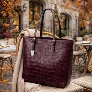 FURLA Burgundy Wine Red Distressed Croc Embossed Leather D-light Tall Tote Bag